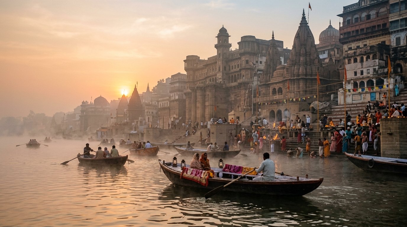 Sunrise boat ride along Varanasi Ganga Ghats